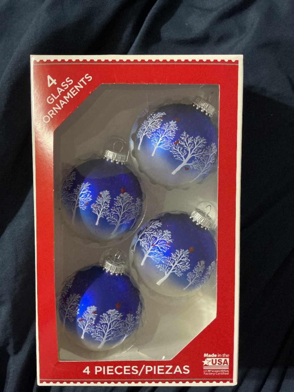 Vintage 4 piece Glass Snowy Christmas Tree Ornaments with Red Glitter